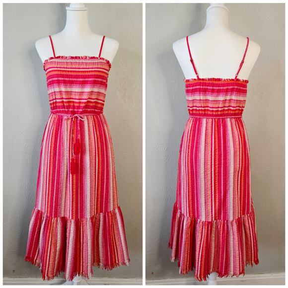 Greylin Striped Tiered Midi Sundress XS Tassel Fringe Crinkle Sleeveless Boho - Picture 2 of 14